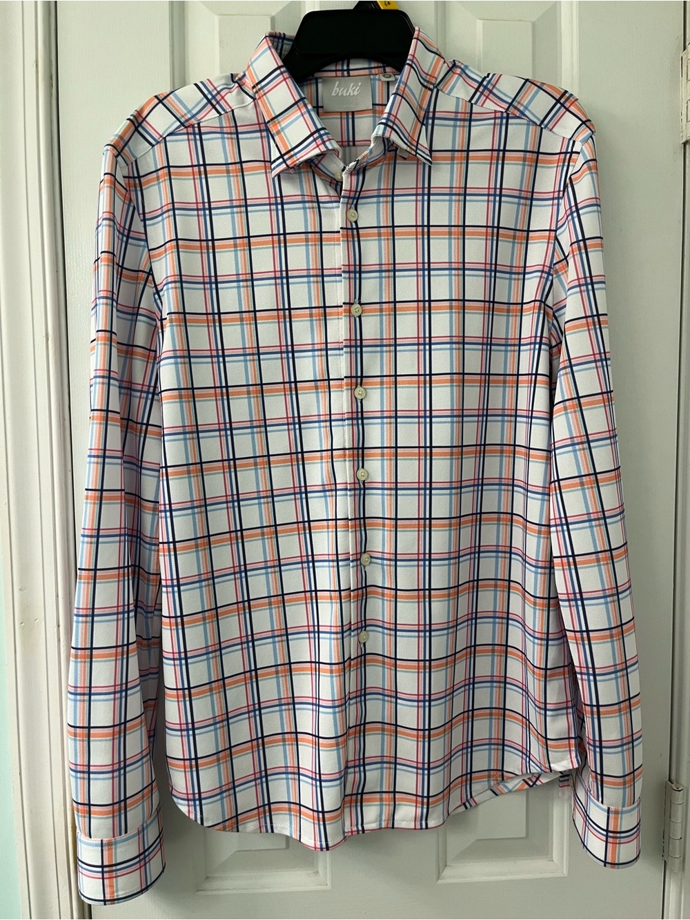 Buki Men's Non-Wrinkle White with Multi-color Plaid Button-Down Shirt